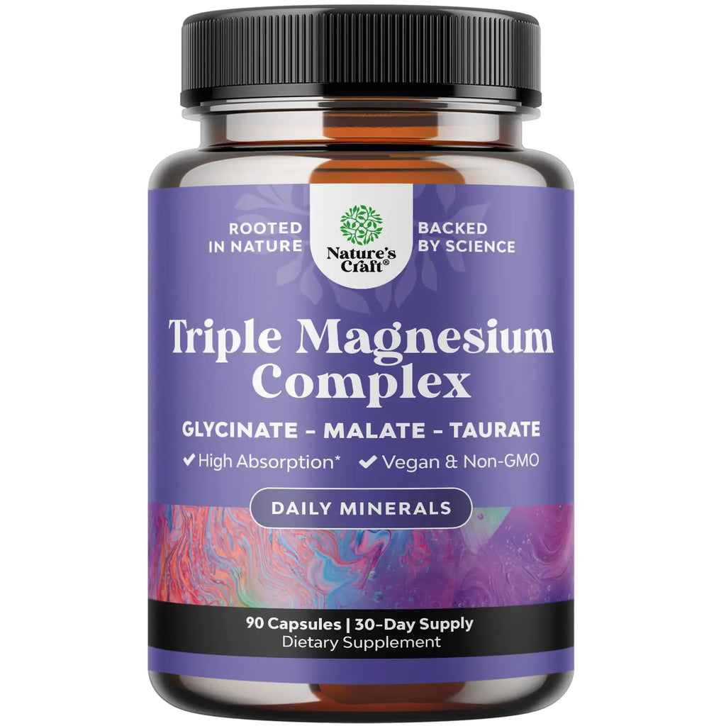 Triple Magnesium Complex Supplement Elemental - High Absorption Magnesium Taurate and Glycinate Plus Malate Magnesium Blend for Sleep Muscle Bone Mood and More - Non GMO Vegan Magnesium 90CT