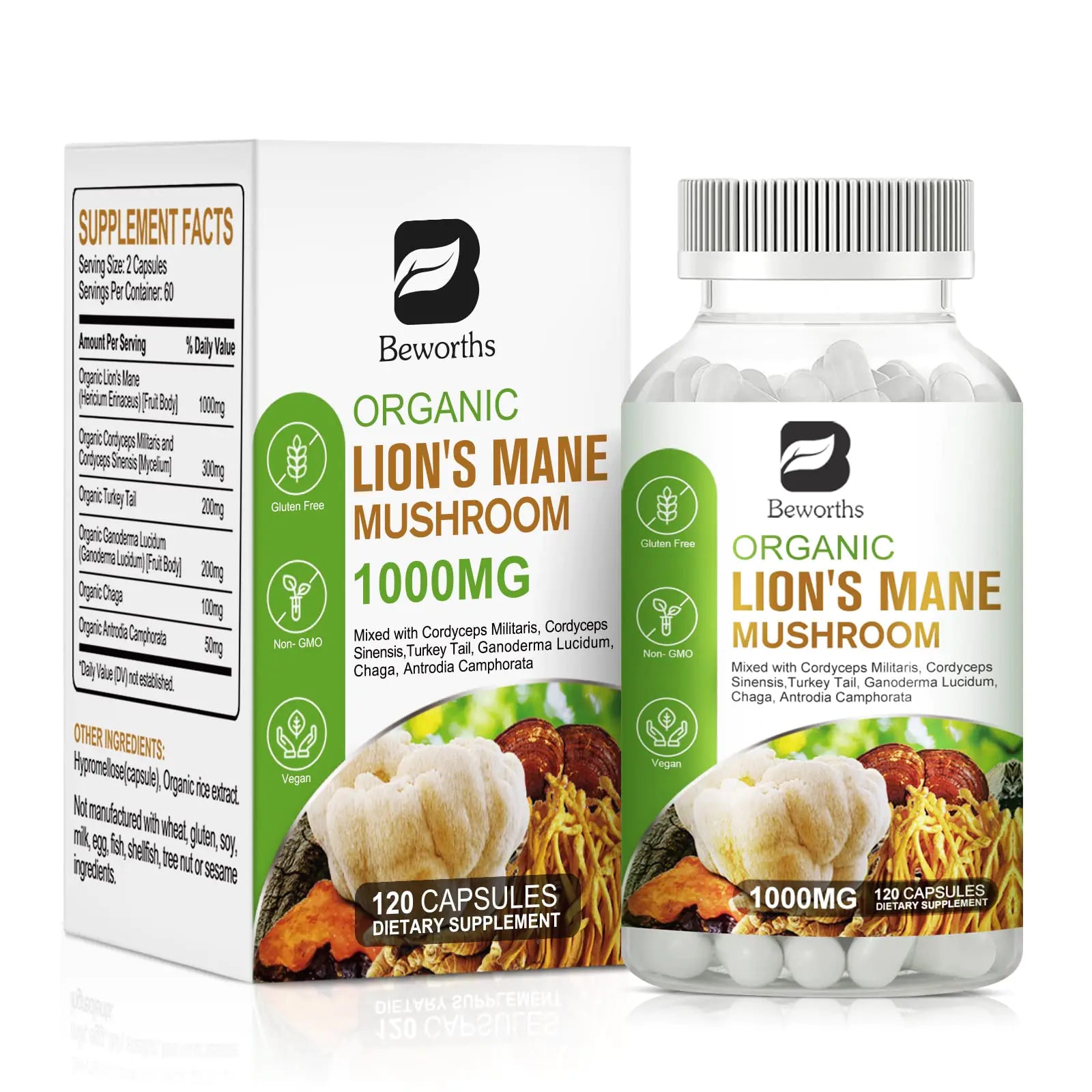 B BEWORTHS Lions Mane Mushroom - 120 Capsules | Organic Lions Mane Turkey Tail Mushroom Supplement Complex | Cordyceps Chaga Turkey Tail Reishi | Mental Clarity Focus Memory Brain & Immune Boost