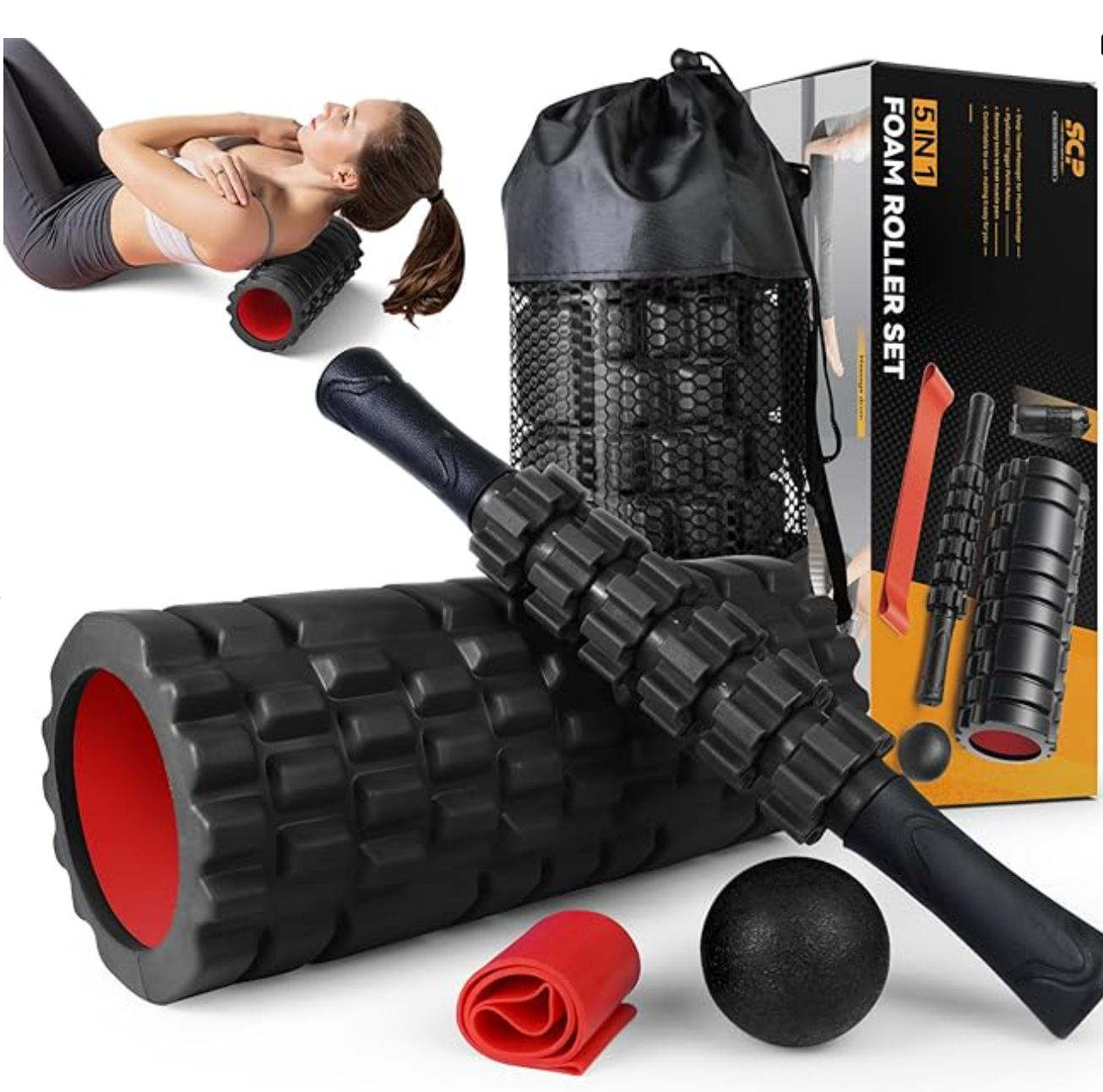5 in1 Foam Roller Set, Trigger Point Foam Roller, Massage Roller Stick, Massage Ball, Resistance Band for Deep Muscle Massage Pilates Yoga,Fitness Exercise for Whole Body (Black-Red)
